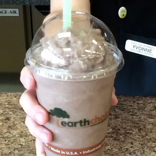 One of our most popular smoothies, the Funky Monkey: chocolate almond milk, peanut butter, protein, and banana.