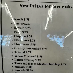 Extra Sauce Prices