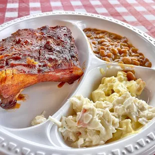 BBQ Pork Ribs, Beans, Potato Salad, and Cole Slaw