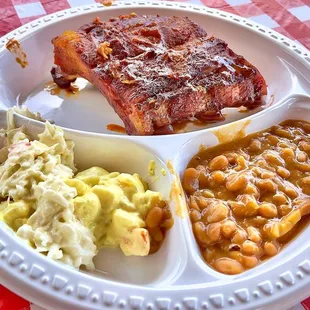 BBQ Pork Ribs, Beans, Potato Salad, and Cole Slaw