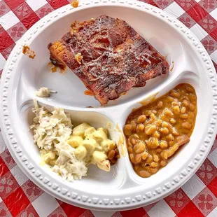BBQ Pork Ribs, Beans, Potato Salad, and Cole Slaw