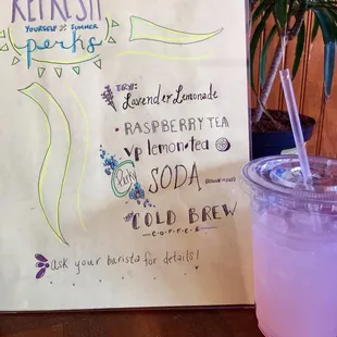 Check out our Summer Drink Menu! Pictured is a Barista favorite the Lavender Lemonade!