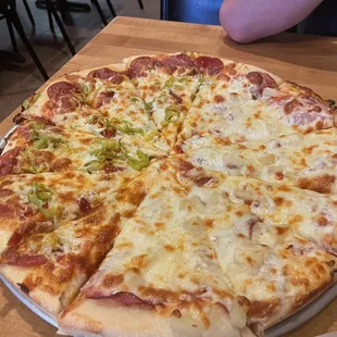 Large pizza - half Hawaiian, half pepperoni and pepperoncini