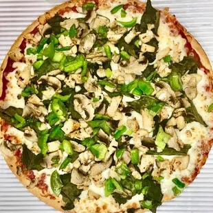 SO many pizza topping choices. You cannot go wrong with spinach, mushrooms and onions!