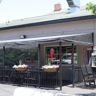 Covered patio at Village Pizza.
