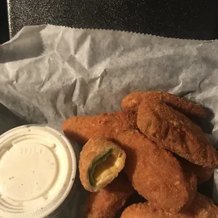 Jalapeño Poppers (cheddar, I would double check, because they are usually cream cheese) with Ranch
