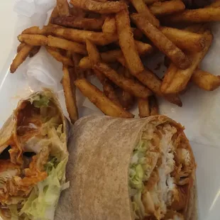 Crispy buffalo chicken wrap with spicy fries
