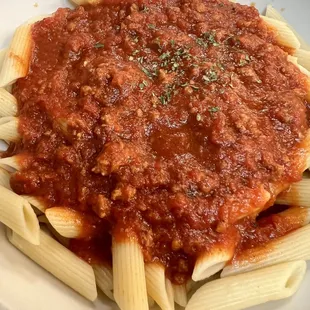 Penne with meat sauce. It was so delicious!!! Al dente!!