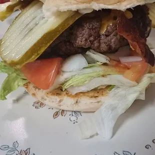 Bacon Cheeseburger.  Lettuce Onion tomato &amp; pickle