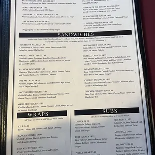 Menu - Burgers &amp; Sandwiches/wraps/subs