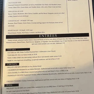 Menu entrees and salads