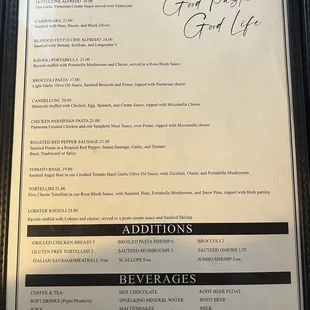 Menu - Pastas &amp; beverages