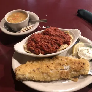 Pan fried walleye with spaghetti
