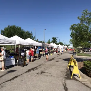 Early morning shoppers under sunny skies.