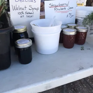 Walnut syrup and strawberry rhubarb jam at Farmer Johns.