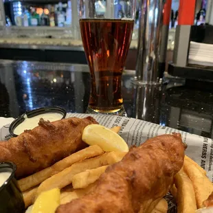 Fish n chips and a tall Amber
