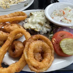 Olive burger, no bun, with some fantastic onion rings.