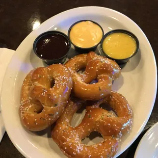 Soft pretzels... beer cheese, BBQ and honey mustard.