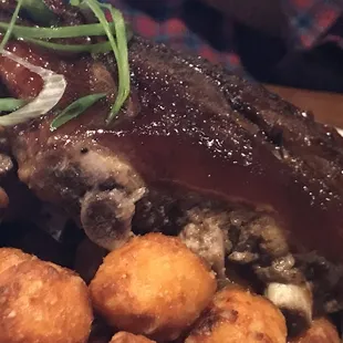 Cocoa dusted ribs and sweet potato tots