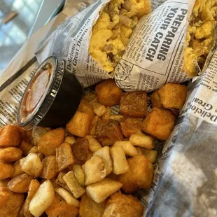 fried potatoes, eggs, and hash browns