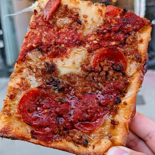 Sausage Pepperoni Square Slice w/Hot Honey