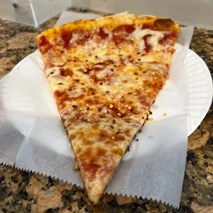 a slice of pizza on a paper plate