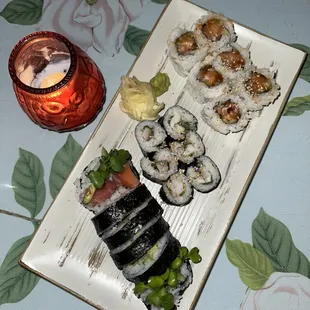 Spicy salmon roll, Negi-Hama handroll, and Paradise roll