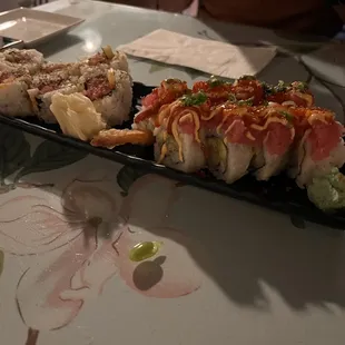 Spicy tuna roll ( left )  Fire on the mountain roll (right )