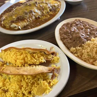 Two Tacos and the Deluxe Burrito with chili and cheese