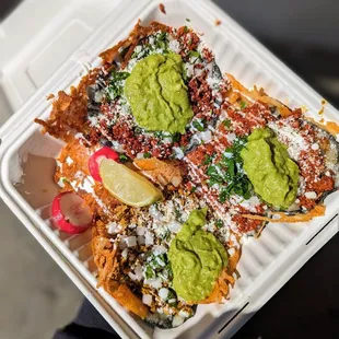 a person holding a tray of food
