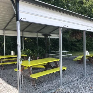 a row of yellow picnic tables