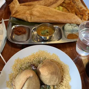 Mysore Masala Dhosa (top), Samosa Chole Chaat (bottom)