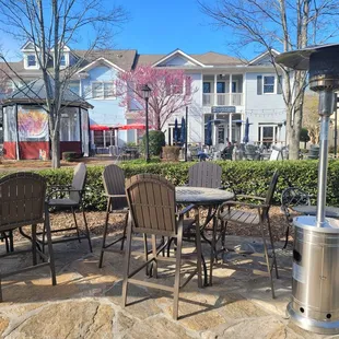 a patio area with tables and chairs