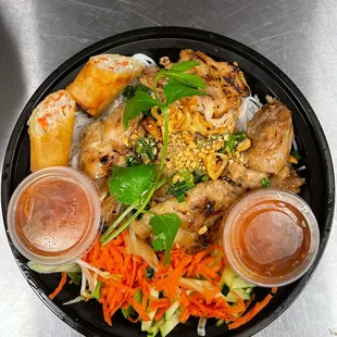 Grilled Chicken V Bowl with an Egg Roll