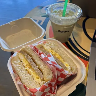 Breakfast Sandwich and Iced Matcha Latte