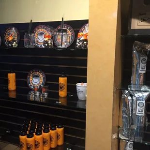 a display of bottles and glasses