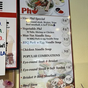 Pho and soup menu