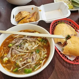 Pho Tai nam, banh mi, Pate So (pastry), nuoc beo (flavor explosion broth)