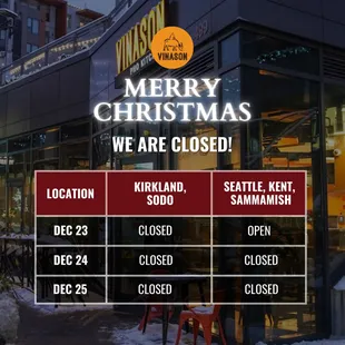 Christmas Hours Update
Merry Christmas from all of us at Vinason and thank you for your ongoing support

#vinasonsodo #vinasonseattle