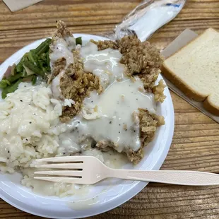Chicken fried steak, rice, and green beans