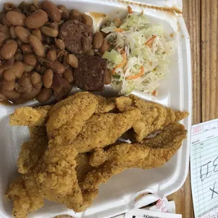 Catfish lunch special with pinto beans and coleslaw