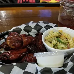 Smoked wings and pasta salad.