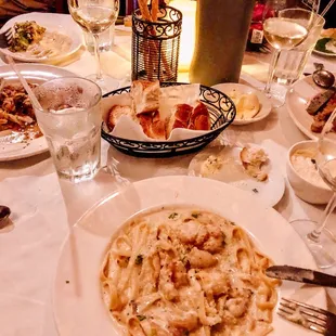 Shrimp Fettuccine center, spaghetti &amp; meatballs on the right, Veal Roberto on the left.
