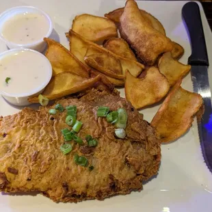 Chicken fried steak. The steak was good. The gravy was thin and needed more pepper. I got fries instead of mashed potatoes.