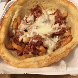 Loaded fries in a bread basket
