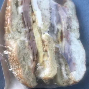 Ham egg and cream cheese breakfast bagel $6.75, yall! Yum!