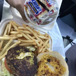 Their Turkey Burger with fries, and their soup to-go. $10.95 before tax.