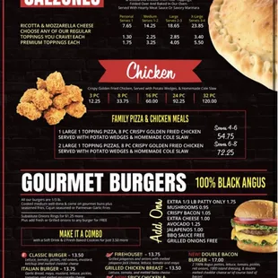 Calzones, chicken and burger menu