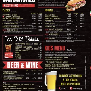 Sandwiches, Subs and drink menu