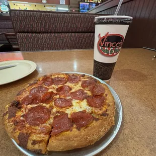 Lunch - 8 inch pizza and a soda.